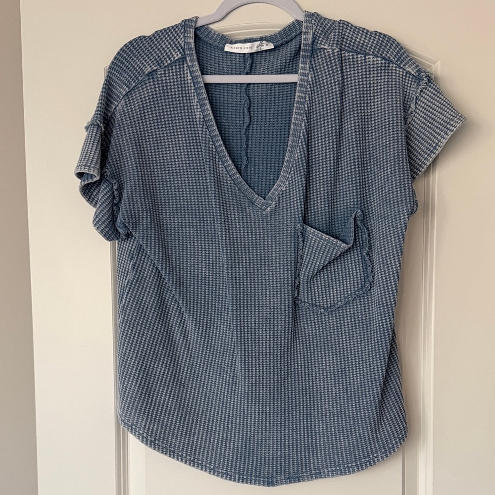 Altar'd State Blue Checkered V-Neck Tee